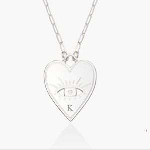 Oak and Luna Engraved K Evil Eye Heart Necklace w Diamond - 925 Sterling Silver
